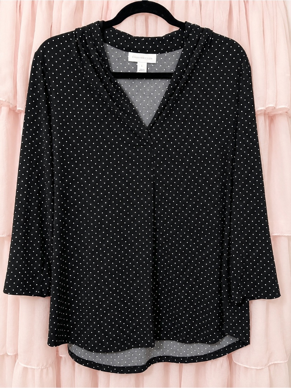 Charter Club Black V-Neck Polka Dot Blouse